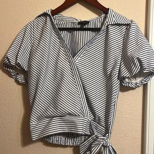 Blue and White Striped Short Sleeve Blouse